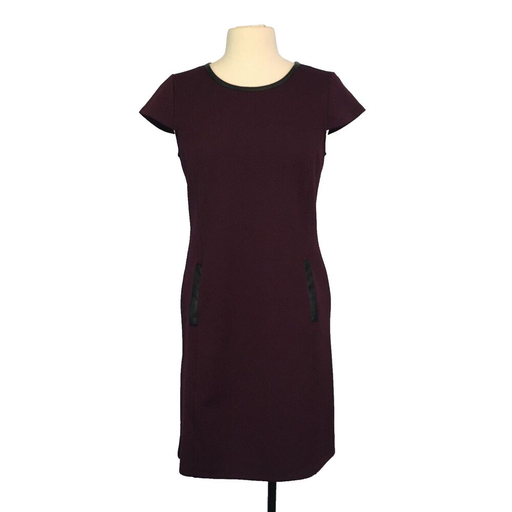 Liz Claiborne Plum Purple Midi Sheath Dress, Black Pleather Accents M,‎ 39 Bust